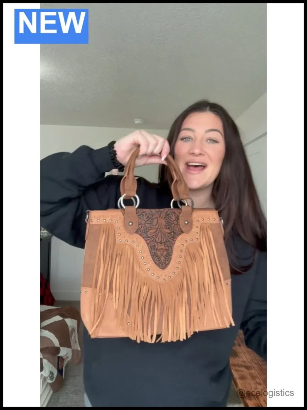 Genuine Leather Floral Tooled Western Fringe Crossbody Tote Bag